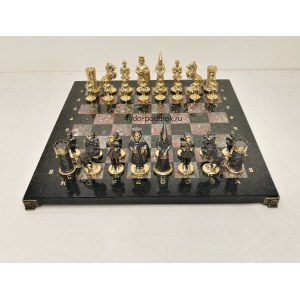 Шахматы эксклюзивные "Королевство Камелота" бронза, коралловый мрамор - змеевик