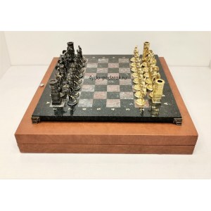 Шахматы эксклюзивные "Спартанская битва" бронза, коралловый мрамор - змеевик