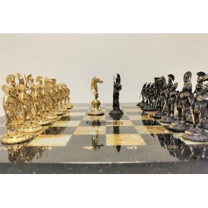 Шахматы эксклюзивные "Спартанская битва" бронза, горный агат - змеевик